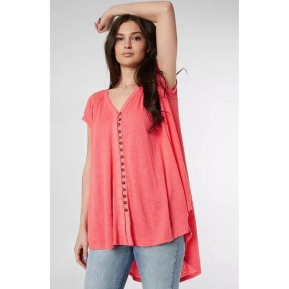 Free People Boho Oversized Lagenlook Highland Tee in Azalea Red XS Xsmall - Picture 2 of 6